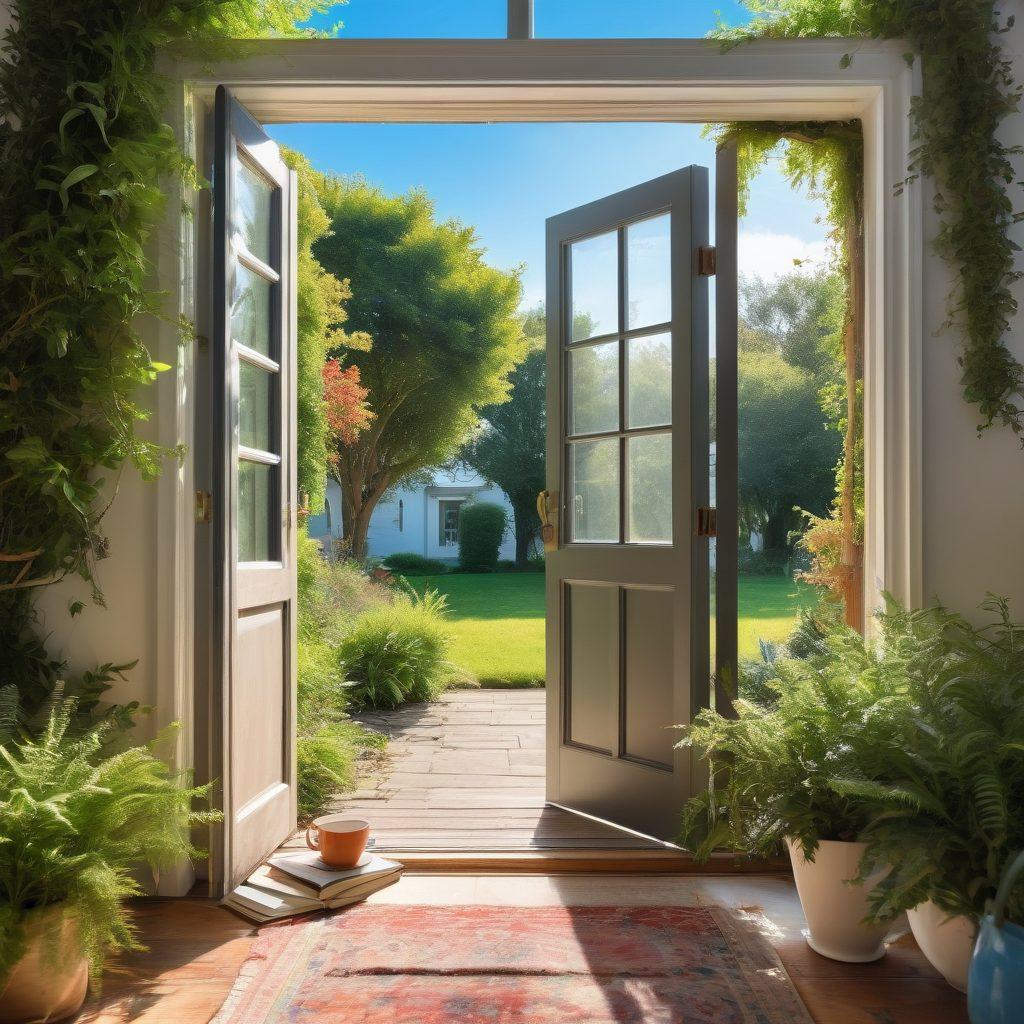 A bright, open doorway symbolizing new opportunities, flooded with sunlight, inviting a diverse group of individuals stepping forward with smiles and determination. In the background, lush greenery, and a clear blue sky representing growth and positivity. Elements like books, a journal, and a cup of tea scattered around, symbolizing wisdom and mindfulness. The scene embodies a joyful, uplifting atmosphere. vibrant colors. super-realistic.