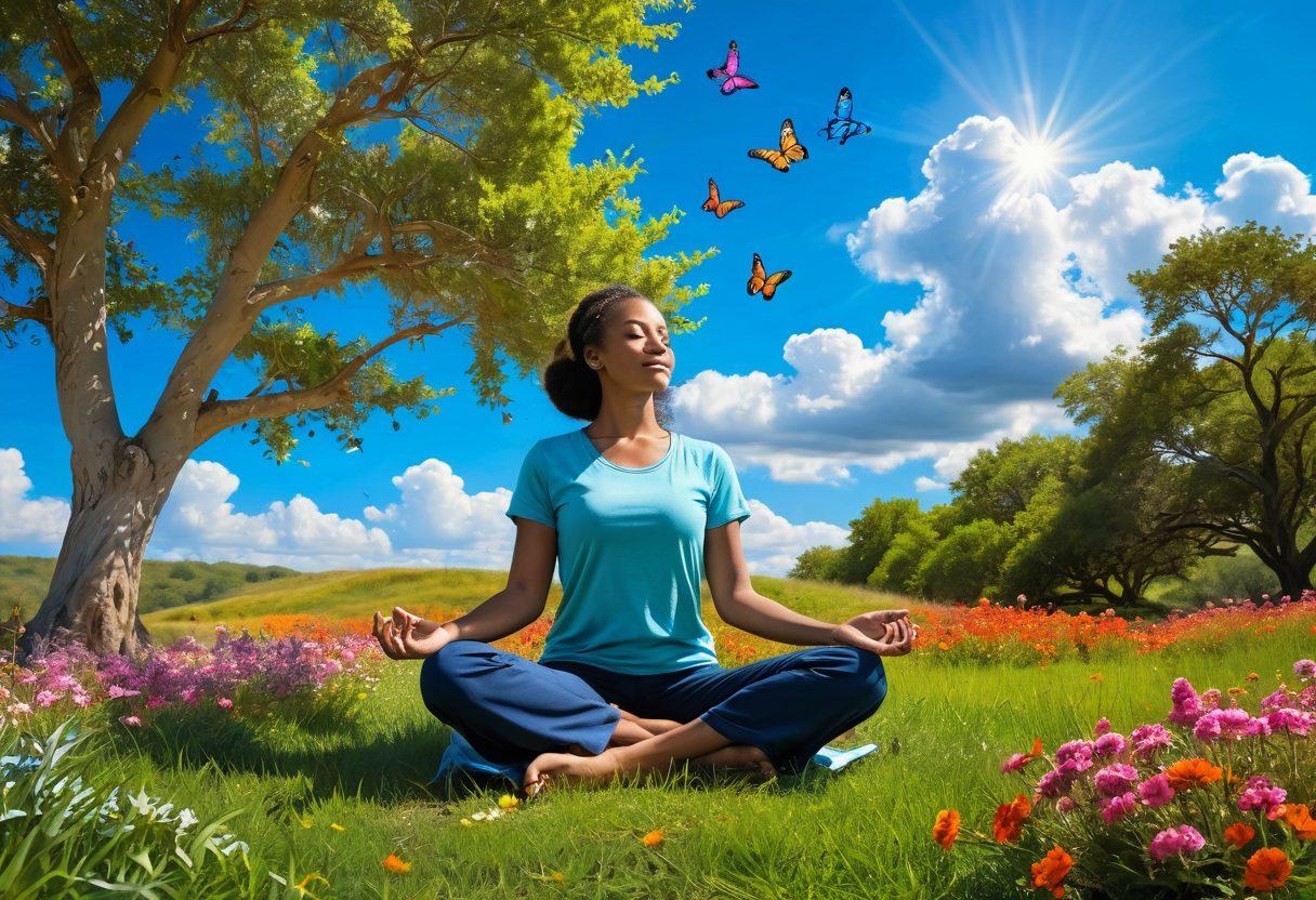 A serene scene depicting a person sitting cross-legged on a grassy hilltop, surrounded by vibrant flowers, as they meditate with a joyful expression. Bright sunlight streams through the trees, casting a warm glow, while whimsical floating butterflies symbolize happiness and positivity around them. The background features a clear blue sky with fluffy clouds. super-realistic. vibrant colors.