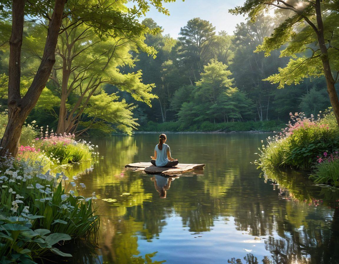 A serene landscape showcasing a peaceful person meditating by a tranquil lake surrounded by lush greenery and blooming flowers. Soft rays of sunlight filter through the trees, creating a warm, inviting atmosphere. In the foreground, gentle waves ripple across the water, symbolizing emotional balance. Warm, soothing colors enhance the sense of calm and mindfulness. super-realistic. vibrant colors.